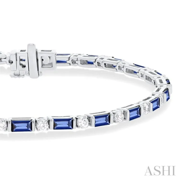 1 1/10 ctw Art Deco 4X2MM Baguette Cut Sapphire and Round Cut Diamond Precious Tennis Bracelet in 14K White Gold