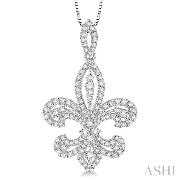 1 Ctw Round Cut Diamond Fleur De Lis Diamond Pendant in 14K White Gold with Chain