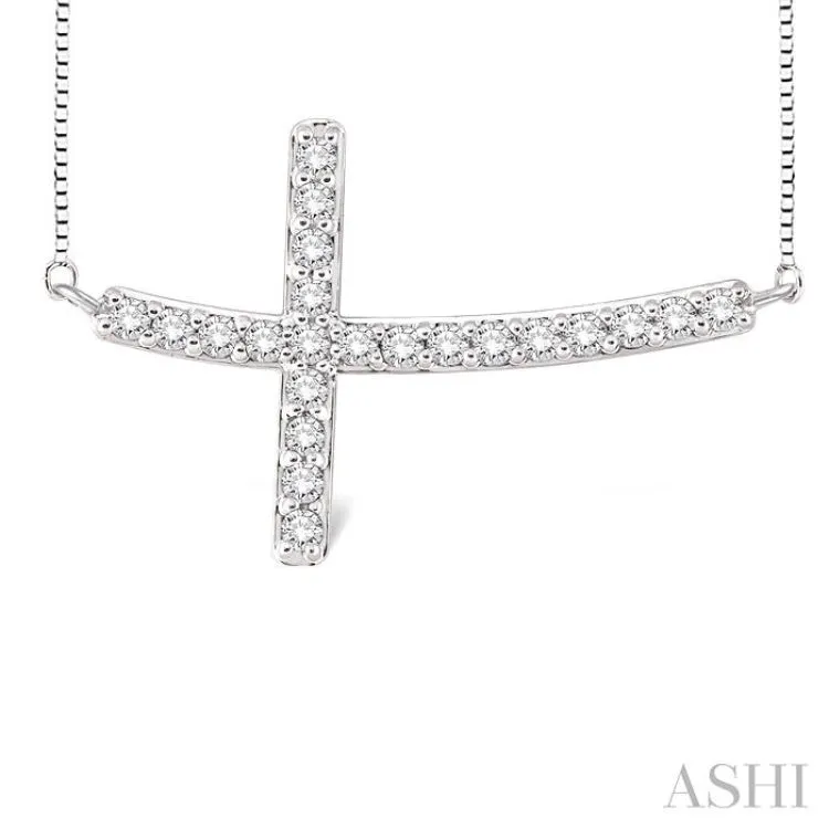 1/2 Ctw Round Cut Sideway Cross Pendant in 14K White Gold with Chain