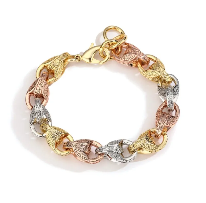 12mm Tri-Colour Gold 3D Tulip Bracelet 8/9 Inch