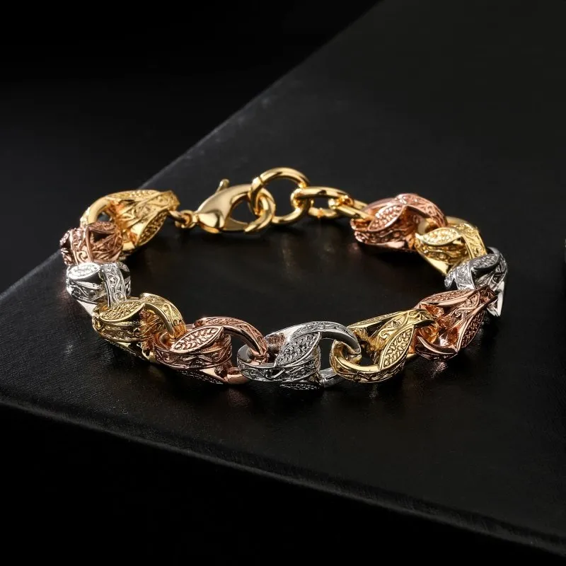 12mm Tri-Colour Gold 3D Tulip Bracelet 8/9 Inch