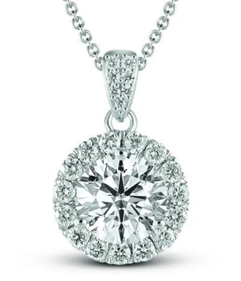 1.36 Carat Round Brilliant Cut White Gold Diamond Halo Pendant