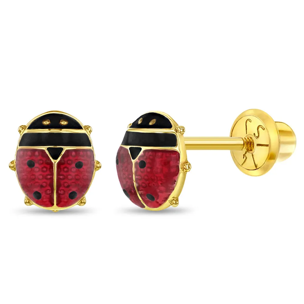 14k Gold Colorful Ladybug Baby / Toddler / Kids Earrings Safety Screw Back Enamel