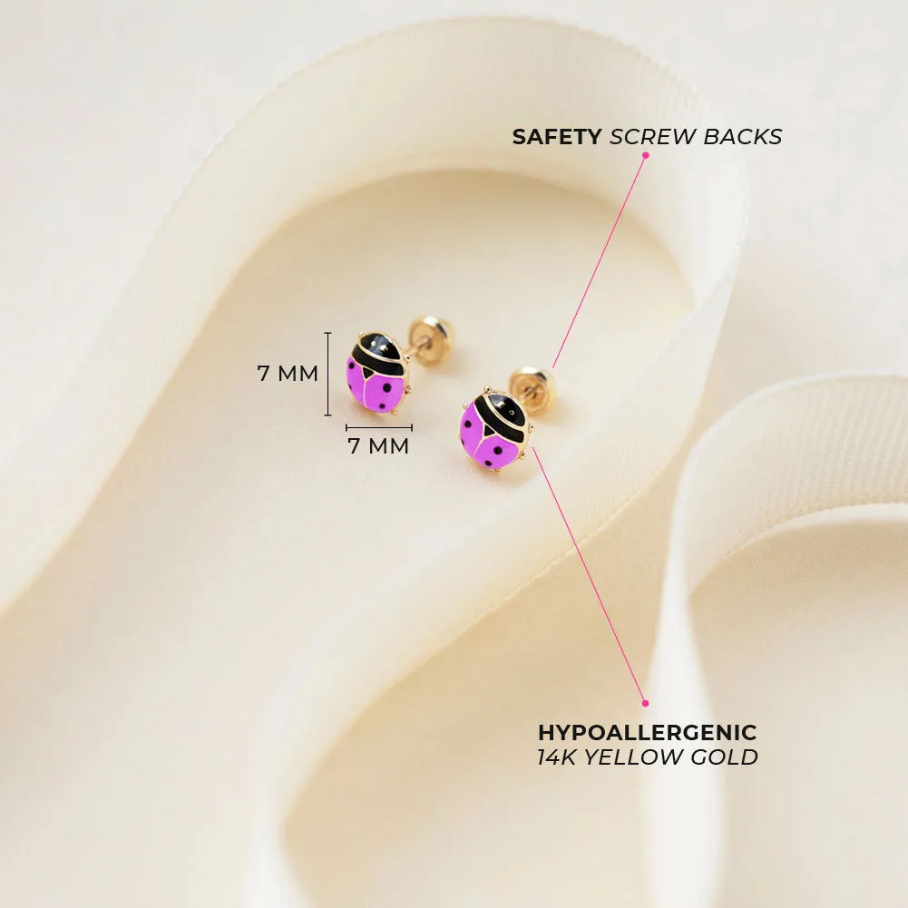 14k Gold Colorful Ladybug Baby / Toddler / Kids Earrings Safety Screw Back Enamel