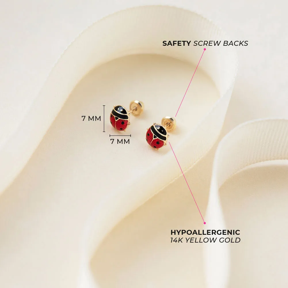 14k Gold Colorful Ladybug Baby / Toddler / Kids Earrings Safety Screw Back Enamel