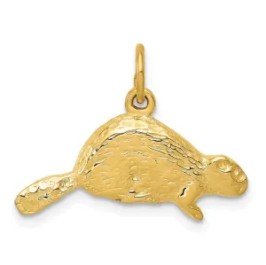 14k Yellow Gold Flat Back Textured Polished Finish Beaver Charm Pendant