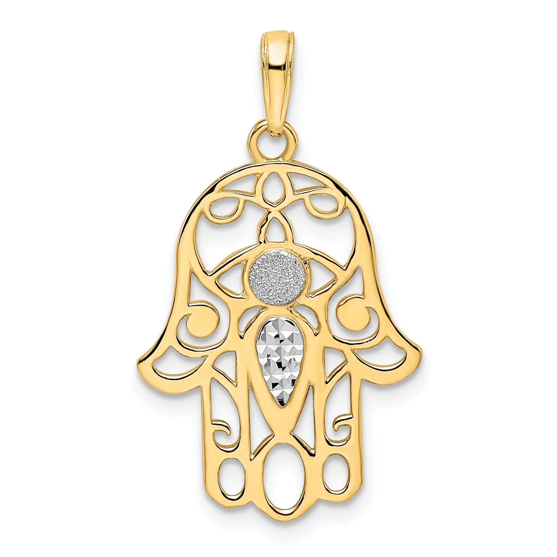 14k Yellow Gold Solid Polish D.C Finish Hamsa Evil Eye Design Pendant