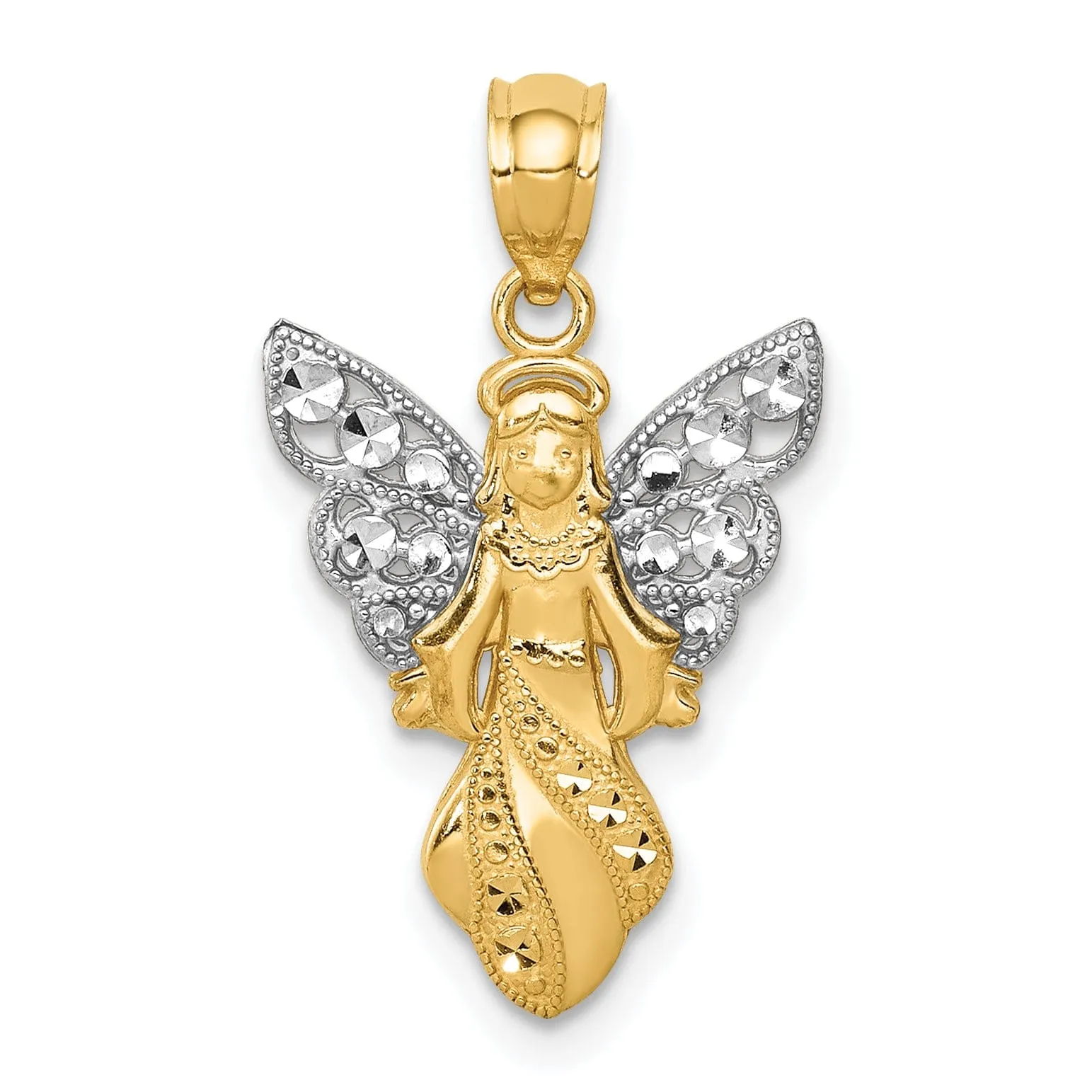 14K Yellow Gold White Rhodium Polished Finish Concave Angel Pendant