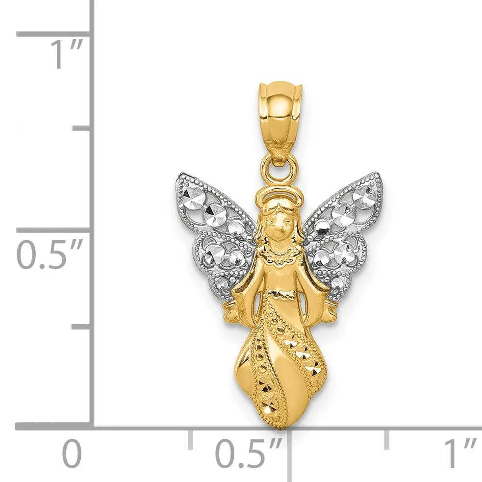 14K Yellow Gold White Rhodium Polished Finish Concave Angel Pendant