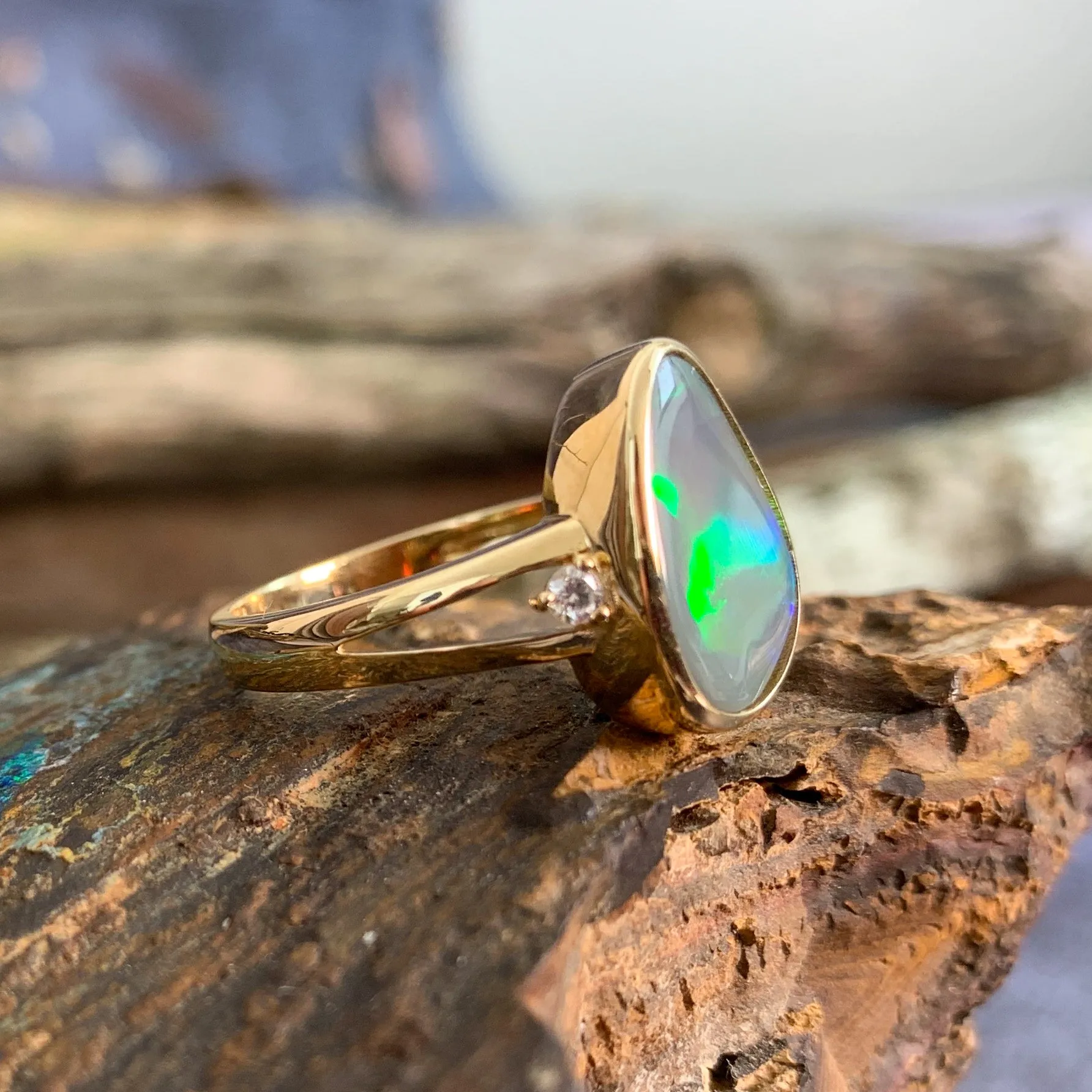 14kt Yellow Gold Black Opal with diamonds ring traingular shape