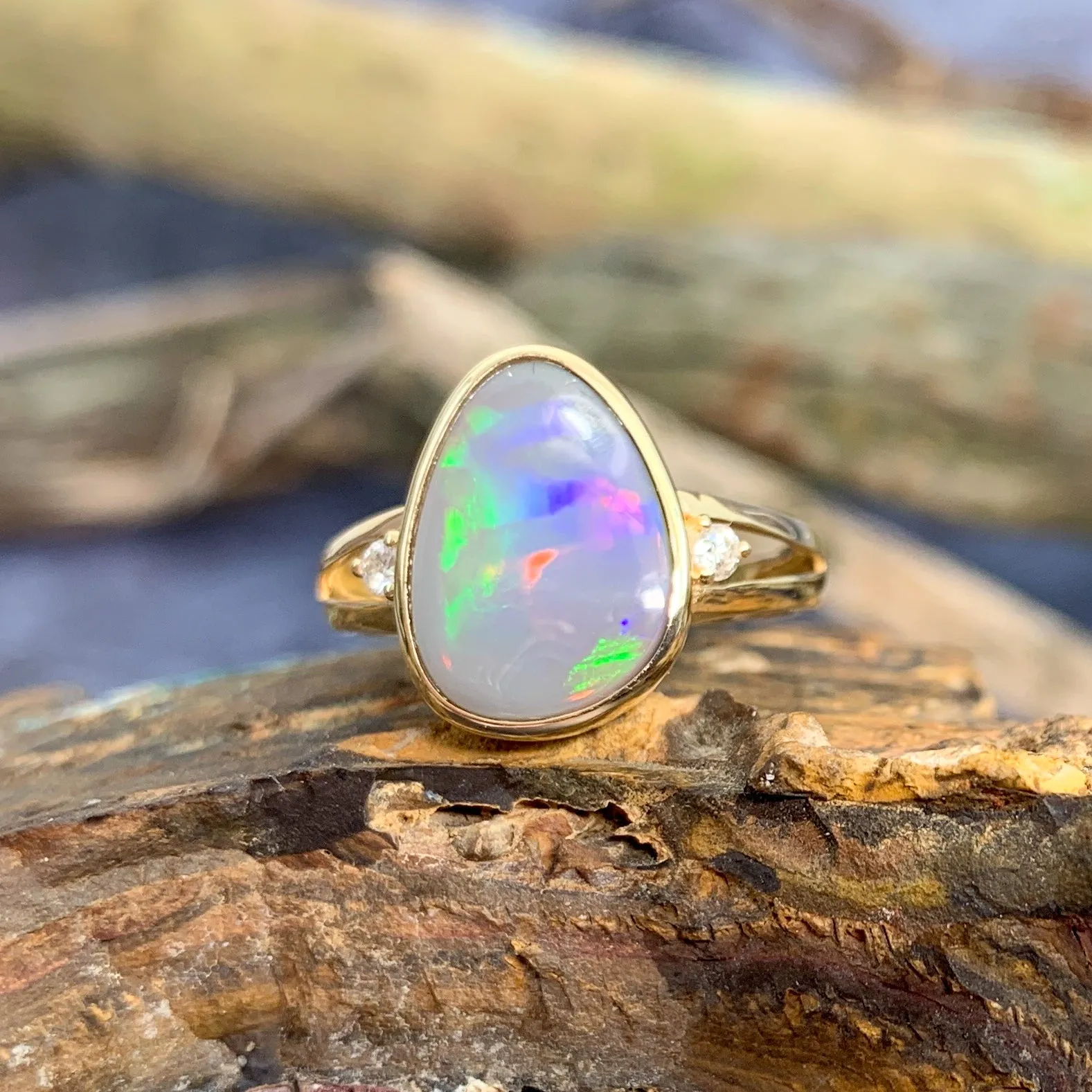 14kt Yellow Gold Black Opal with diamonds ring traingular shape