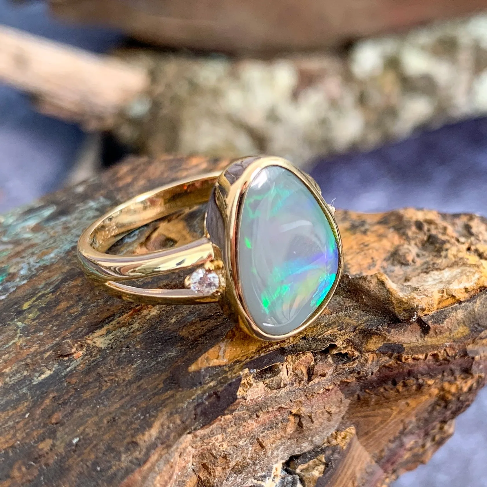 14kt Yellow Gold Black Opal with diamonds ring traingular shape