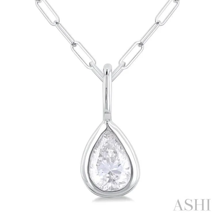 1/5 ctw Pear Cut Bezel Set Diamond Fashion Pendant With Paper Clip Chain in 14K White Gold