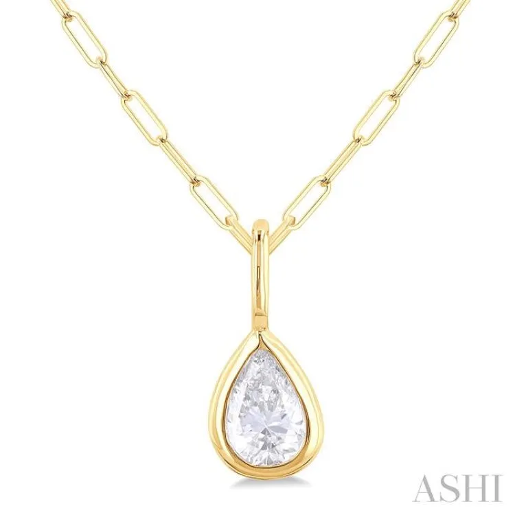 1/5 ctw Pear Cut Bezel Set Diamond Fashion Pendant With Paper Clip Chain in 14K yellow Gold