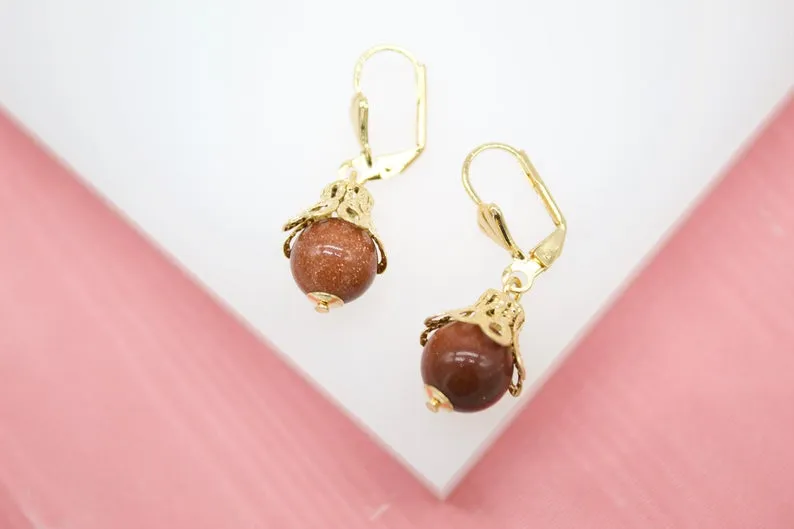 18K Gold Filled Brown Aventurine Stone Earrings