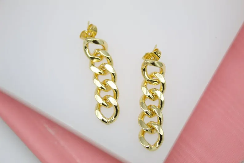 18K Gold Filled Cuban Link Chain Dangle Drop Earrings (L194)