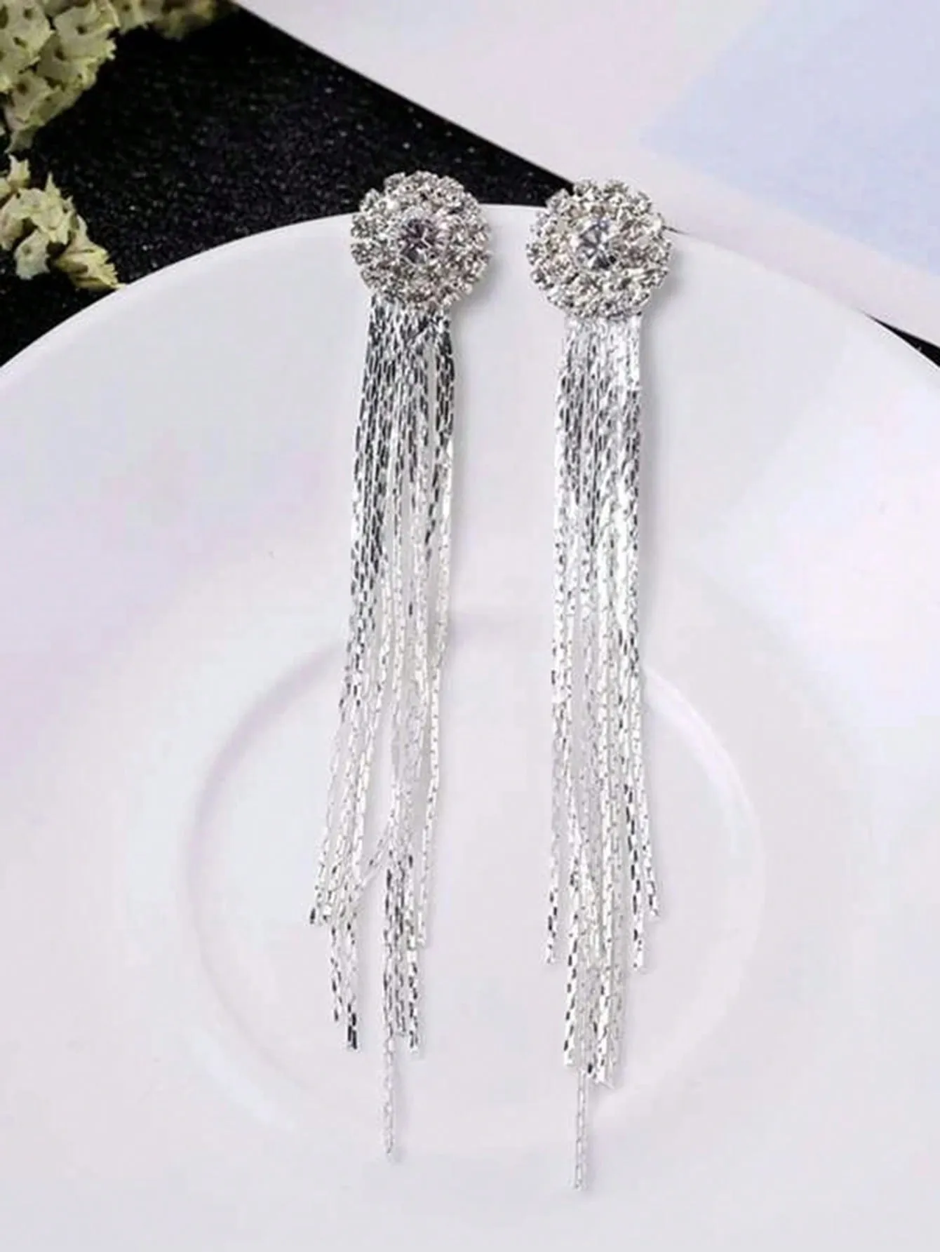 1pair Fashionable Bridal Crystal & Rhinestone Decor Tassel Earrings For Women