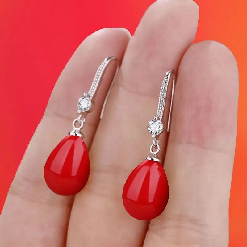 2023 Elegant and Fashionable Women's Water Drop Imitation Pearl Earrings Red and White Round Oval Wedding Jewelry Birthday Gifts