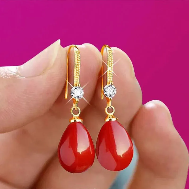 2023 Elegant and Fashionable Women's Water Drop Imitation Pearl Earrings Red and White Round Oval Wedding Jewelry Birthday Gifts