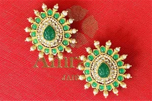 20D836 Gold Plated Green Stone and Pearl Studs