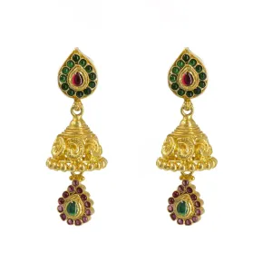 22K Yellow Gold Jhumki Drop Earrings W/ Ruby, Emerald & Teardrop Drop Pendant