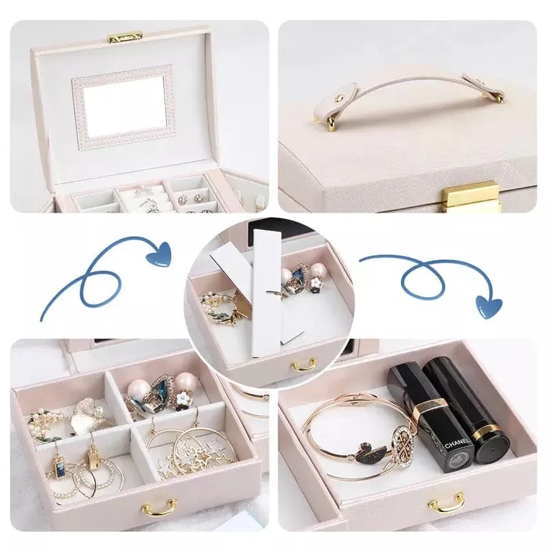 3 Layer Luxurious Large Capacity Jewellery Organizer, Large Capacity Display Holder, Earring Ring Bracelet Storage Case for Women, Double Drawer Leather Jewellery Box, Earring Bracelet Holder Organizer With Mirror