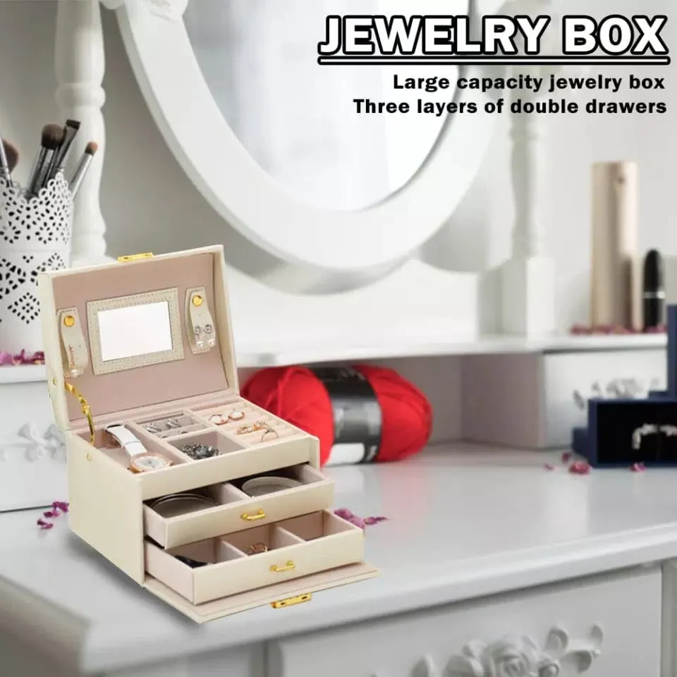 3 Layer Luxurious Large Capacity Jewellery Organizer, Large Capacity Display Holder, Earring Ring Bracelet Storage Case for Women, Double Drawer Leather Jewellery Box, Earring Bracelet Holder Organizer With Mirror