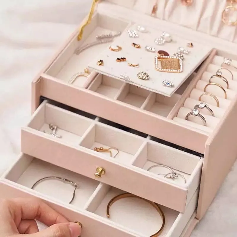 3 Layer Luxurious Large Capacity Jewellery Organizer, Large Capacity Display Holder, Earring Ring Bracelet Storage Case for Women, Double Drawer Leather Jewellery Box, Earring Bracelet Holder Organizer With Mirror