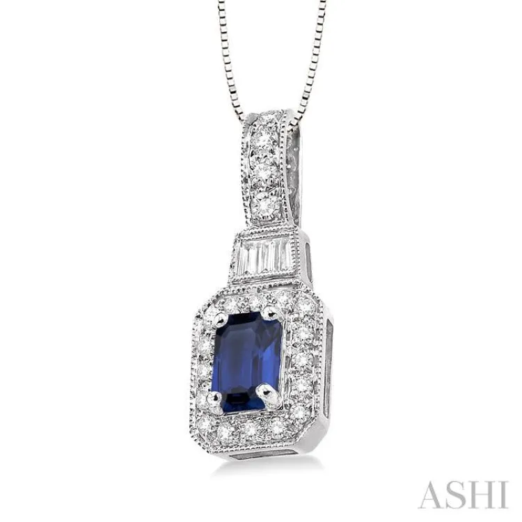 6x4 MM Emerald Shape Sapphire and 1/4 Ctw Round and Baguette Cut Diamond Pendant in 14K White Gold with Chain