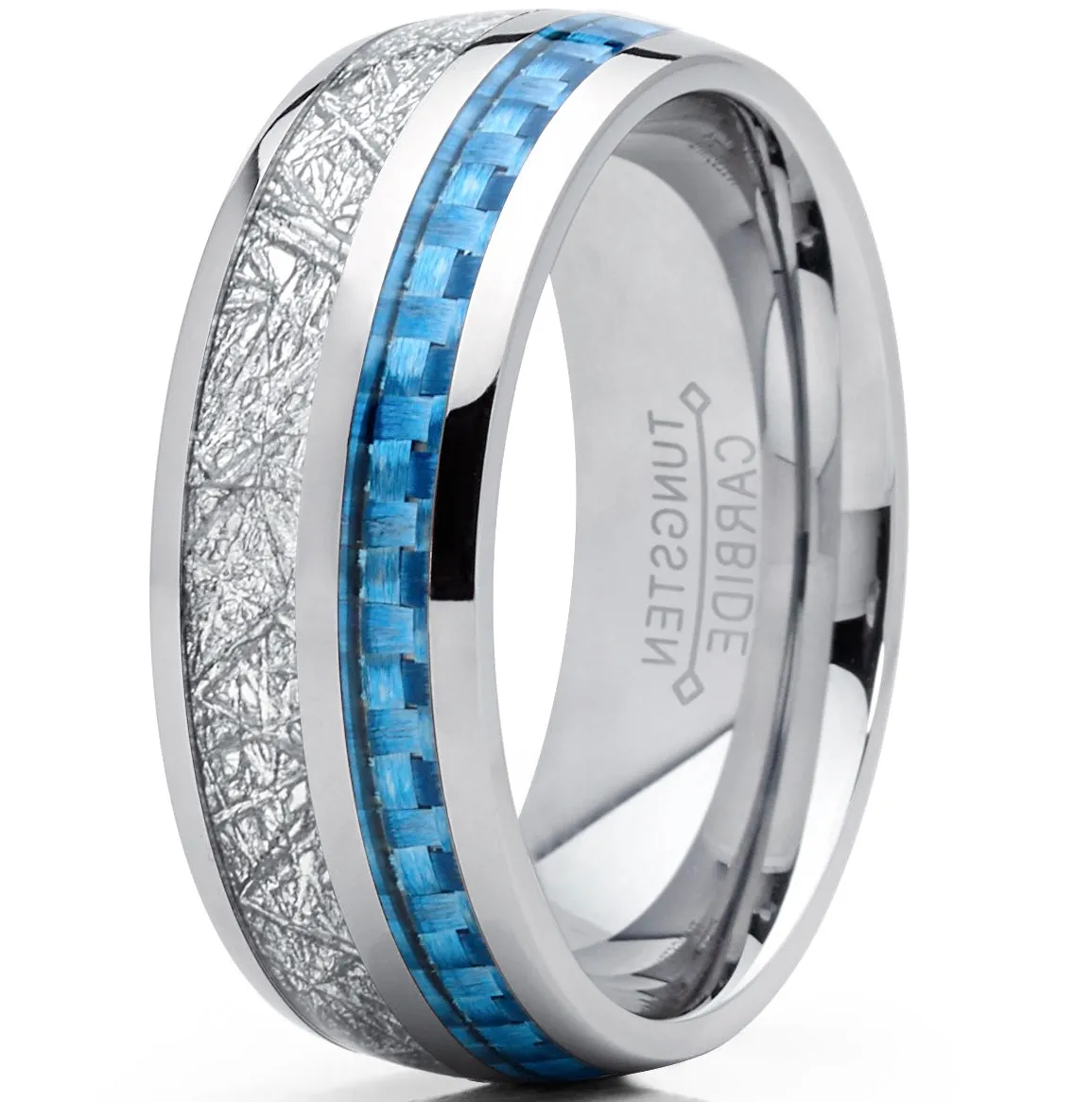 8mm Men's Tungsten Carbide Wedding Band Engagement Ring with Blue Carbon Fiber and Imitated Meteorite, Comfort Fit