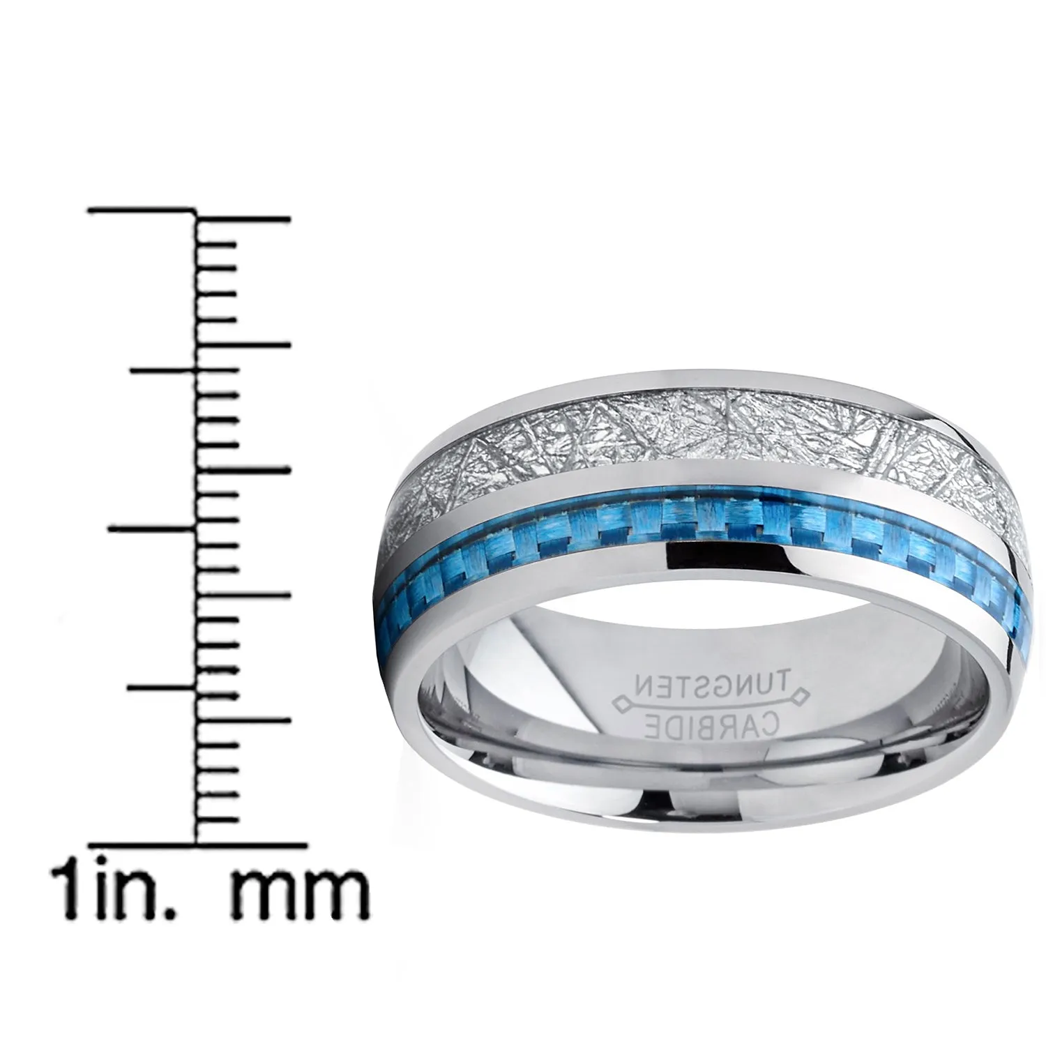 8mm Men's Tungsten Carbide Wedding Band Engagement Ring with Blue Carbon Fiber and Imitated Meteorite, Comfort Fit