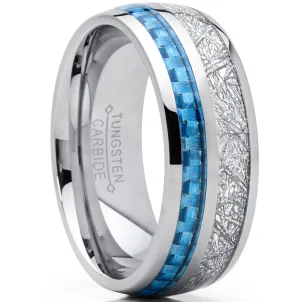 8mm Men's Tungsten Carbide Wedding Band Engagement Ring with Blue Carbon Fiber and Imitated Meteorite, Comfort Fit