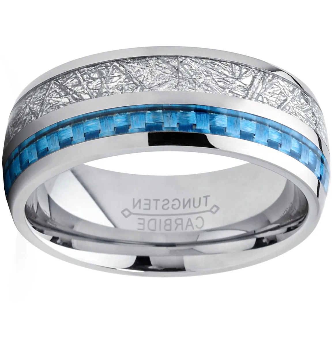 8mm Men's Tungsten Carbide Wedding Band Engagement Ring with Blue Carbon Fiber and Imitated Meteorite, Comfort Fit