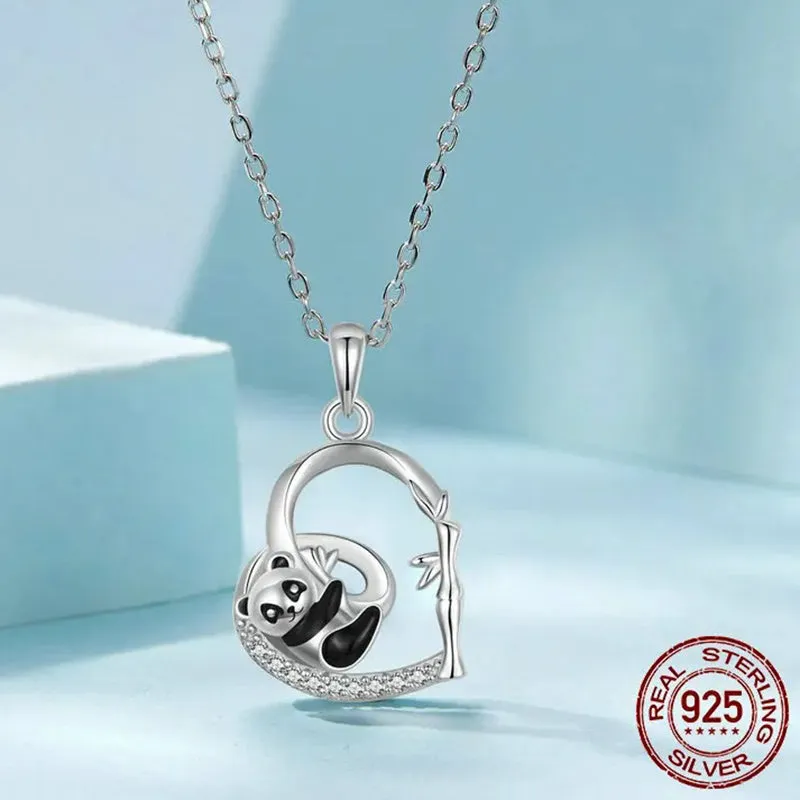 925 Sterling Silver Cute Panda Necklace for Girls, Heart Shape Pendant Necklace Panda Hypoallergenic Jewelry Gift