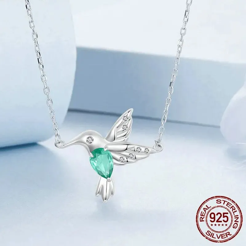 925 Sterling Silver White Gold Plated Hummingbird Necklace Bird Pendant Neck Chain for Women Party Fine Jewelry Gift