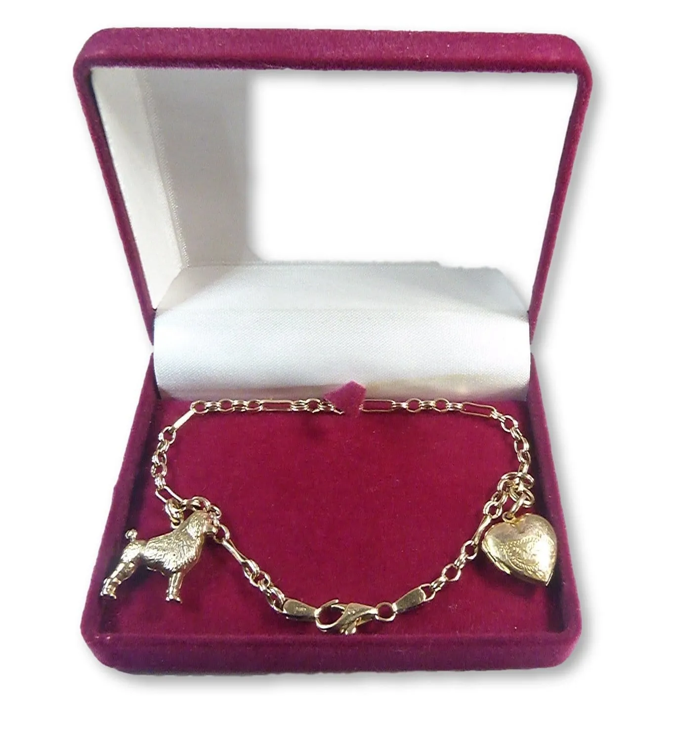 9ct Gold Bracelet Poodle And Heart / Locket Charms 1970s Solid Gold Bracelet Poodle Owners Gift