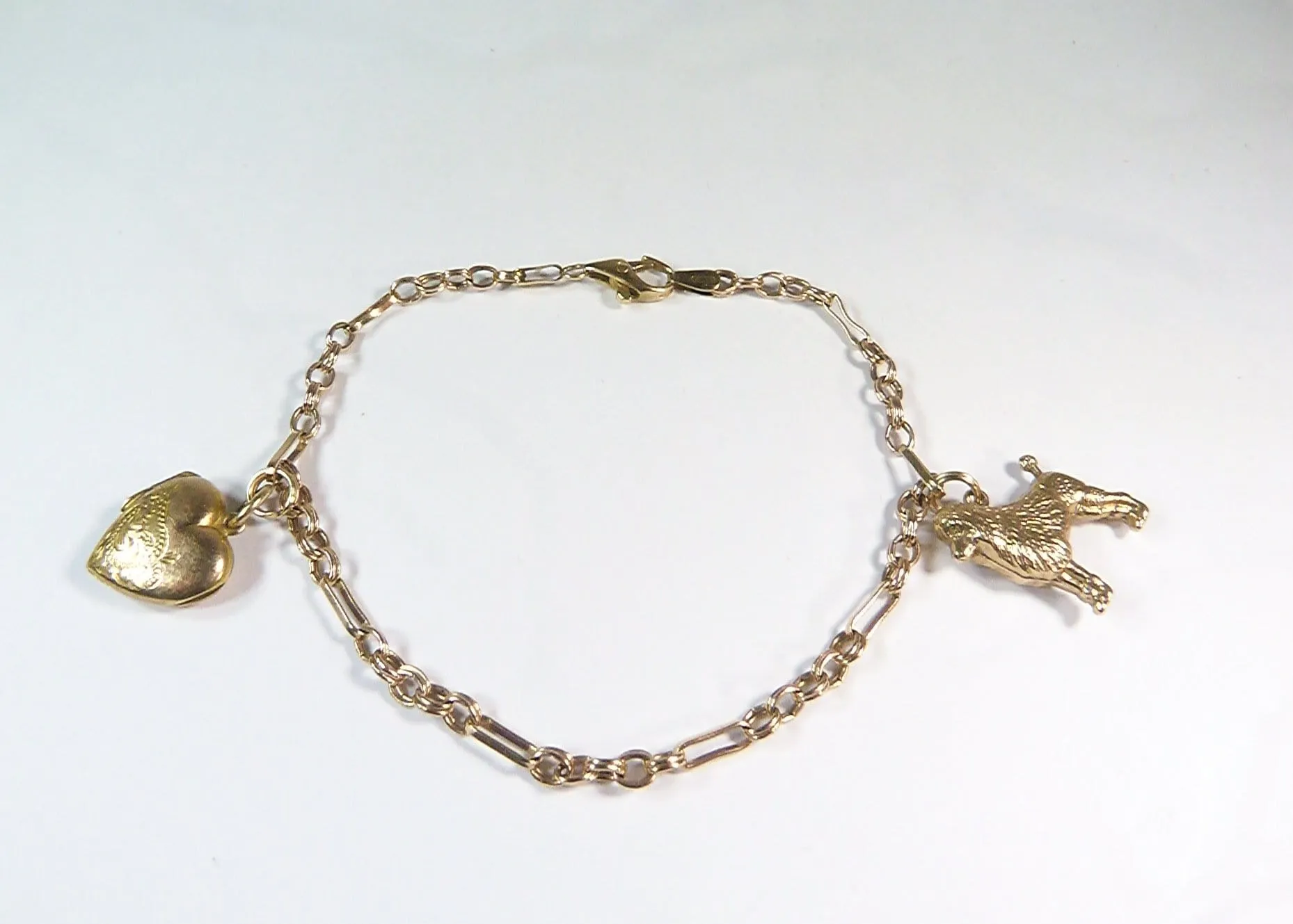 9ct Gold Bracelet Poodle And Heart / Locket Charms 1970s Solid Gold Bracelet Poodle Owners Gift