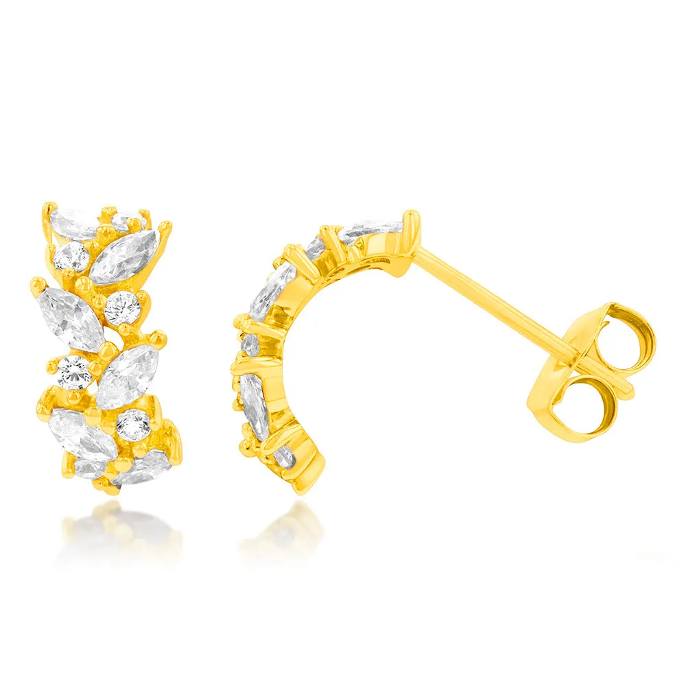 9ct Yellow Gold Cubic Zirconia On Leaf Patterned Half Hoop Earrings