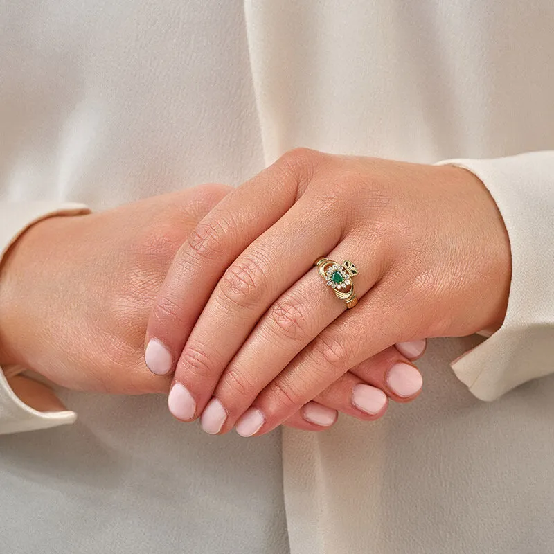 9K Gold Green Agate Claddagh Ring