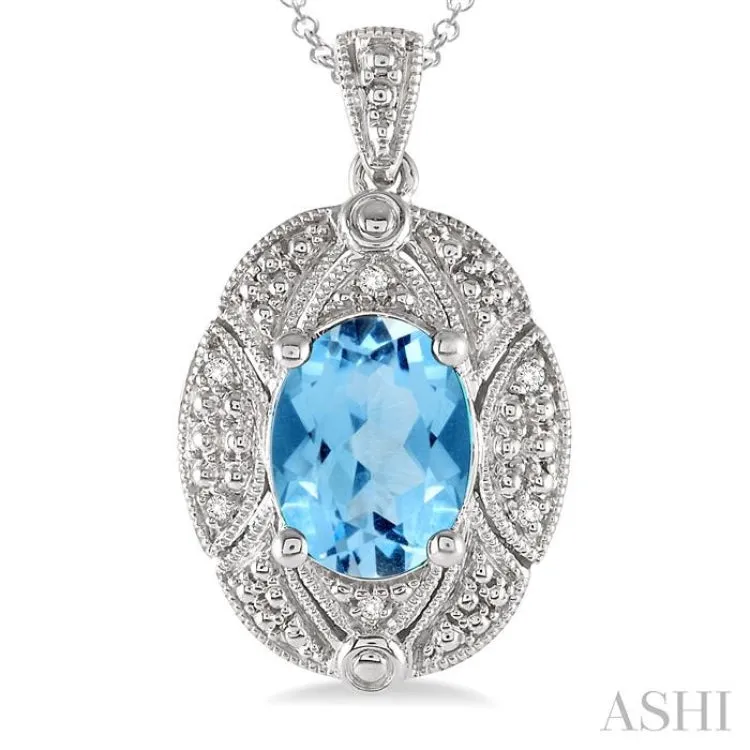 9x7 mm Oval Cut Blue Topaz and 1/50 ctw Single Cut Diamond Pendant in Sterling Silver with Chain