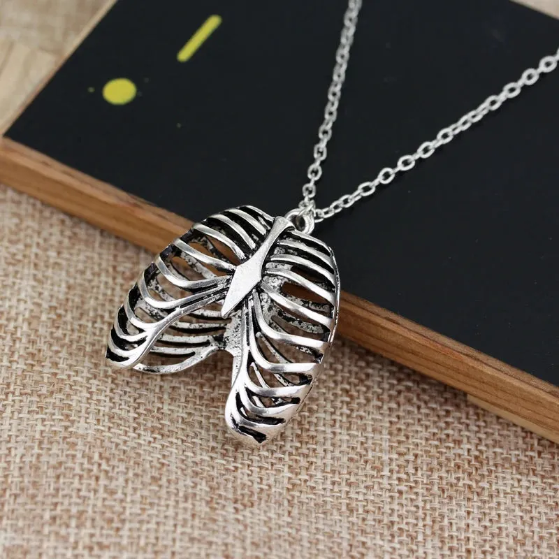 Anatomical Human Rib Cage Skeleton Goth Punk Rock Emo Style Pendant Chain Necklace Costume Fashion Accessories