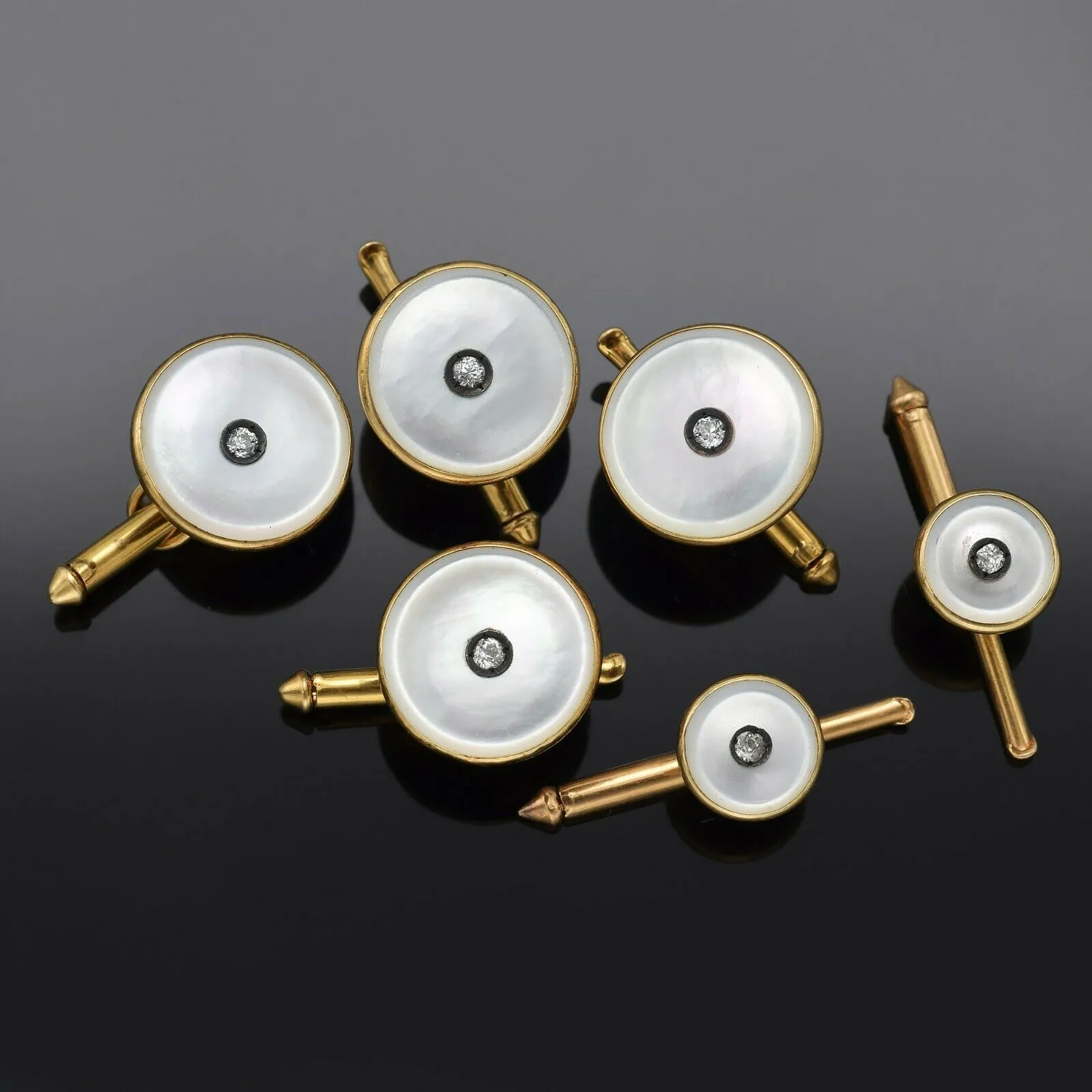 Antique 14K Yellow Gold Mother of Pearl & Diamond Cufflinks Shirt Stud Set