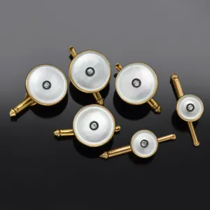 Antique 14K Yellow Gold Mother of Pearl & Diamond Cufflinks Shirt Stud Set