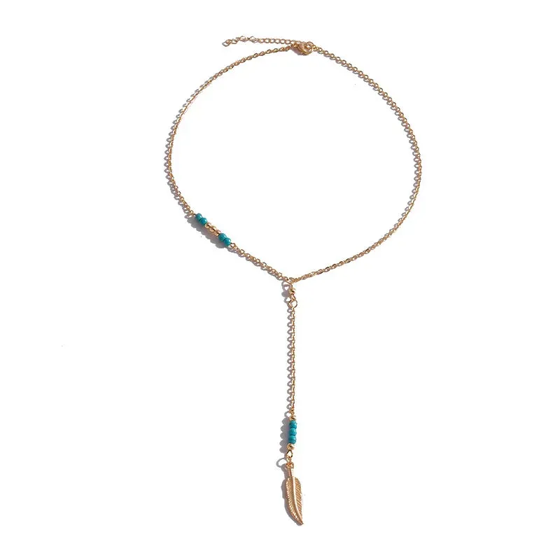 Bead New Green Leaf Tassel Statement Gem Fashion Feathers Chain Jewelry Bohemian Pendant Long Necklace