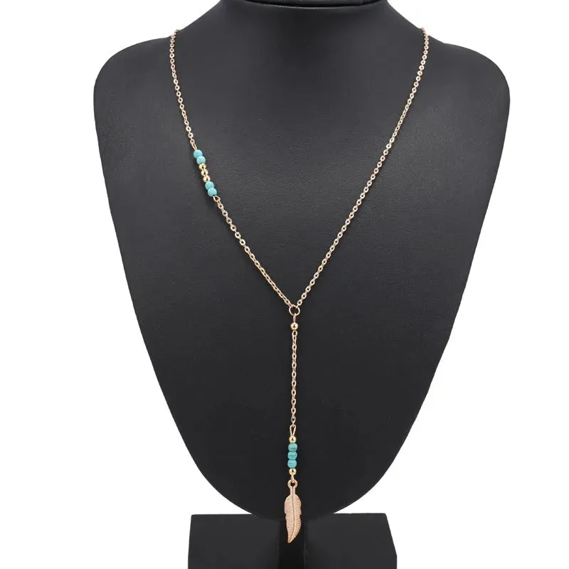 Bead New Green Leaf Tassel Statement Gem Fashion Feathers Chain Jewelry Bohemian Pendant Long Necklace