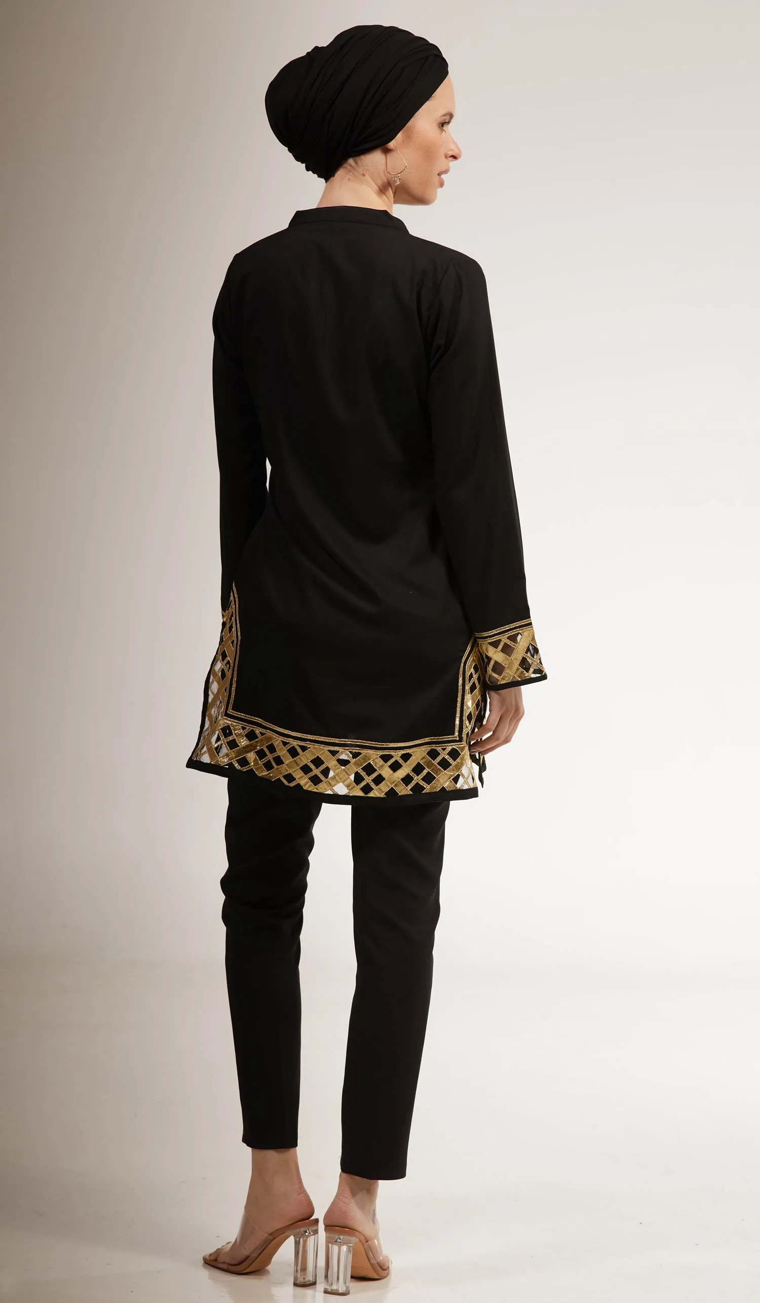 Behnaz Gold Embellished Long Modest Tunic - Black - PREORDER (ships in 2 weeks)