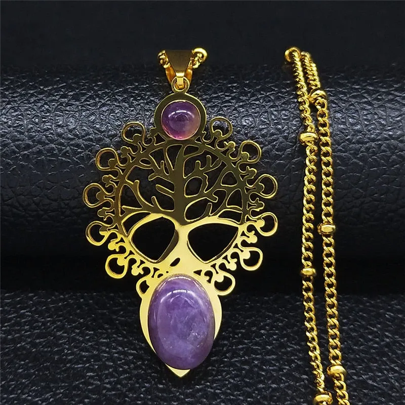 Bohemia Tree of Life Purple Crystal Stainless Steel Necklaces For Women Gold Color Charm Necklace