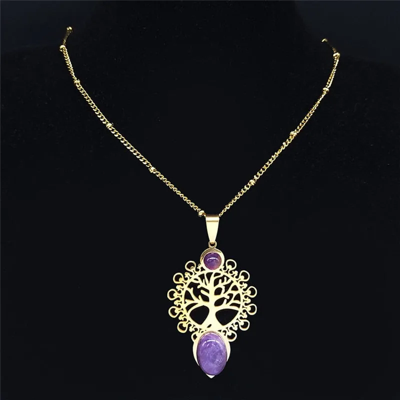 Bohemia Tree of Life Purple Crystal Stainless Steel Necklaces For Women Gold Color Charm Necklace