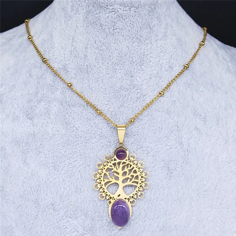 Bohemia Tree of Life Purple Crystal Stainless Steel Necklaces For Women Gold Color Charm Necklace