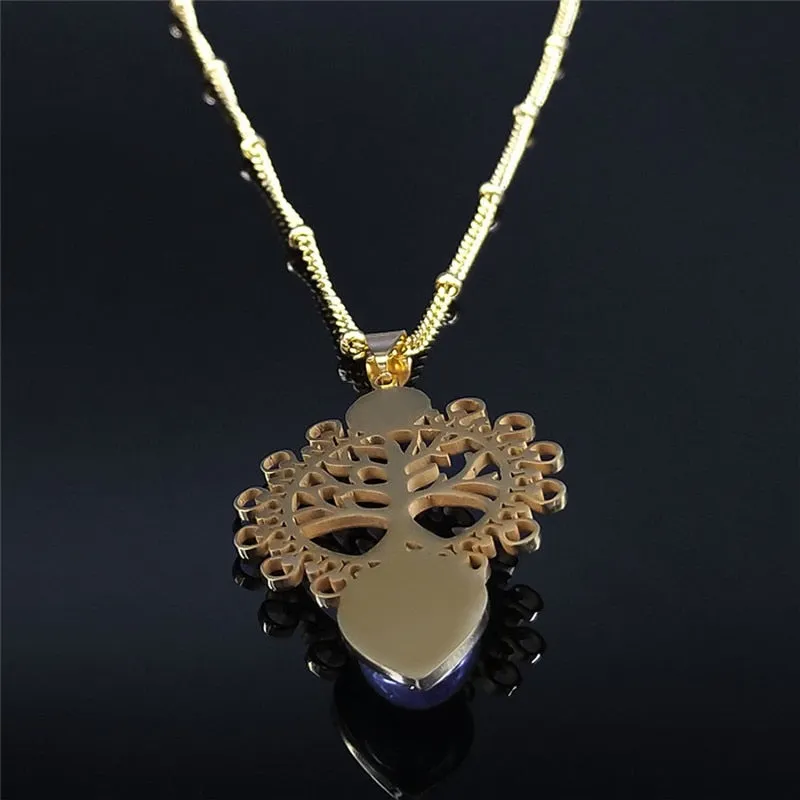 Bohemia Tree of Life Purple Crystal Stainless Steel Necklaces For Women Gold Color Charm Necklace